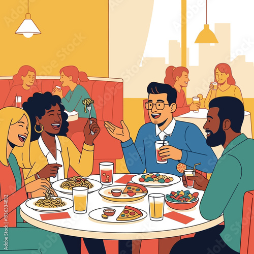 Diverse friends enjoying a meal together at a restaurant, sharing food and conversation.