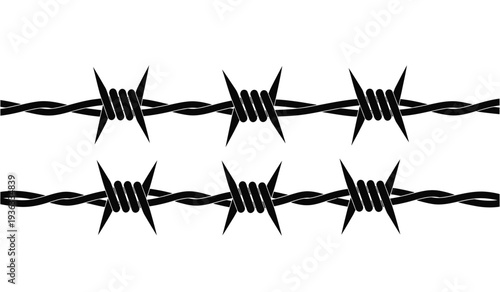 Barbed wire with sharp points and twisted metal strands for security or border control concepts