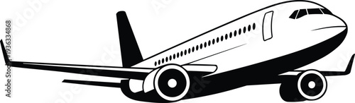 Commercial airplane silhouette vector illustration, passenger jet aircraft in flight side view, aviation travel transport icon isolated on white background
