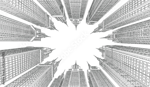 Black and white illustration of a cityscape with skyscrapers radiating outward from the center