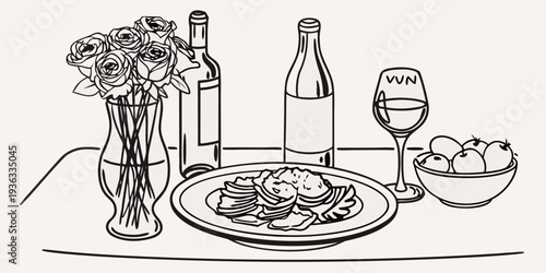 Still life drawing of roses wine fruit and a meal