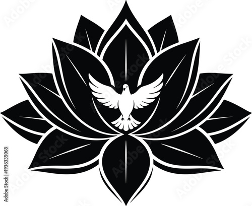 Lotus flower silhouette vector illustration, dove of peace artwork, spiritual enlightenment design, black and white symbol, hope purity graphic image