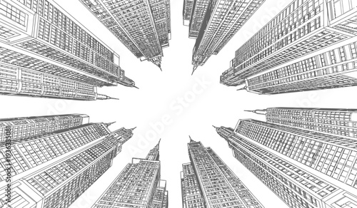 Black and white illustration of a cityscape with skyscrapers radiating outwards