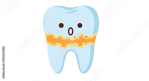 Surprised cartoon molar with yellow plaque buildup illustrates common dental hygiene problems