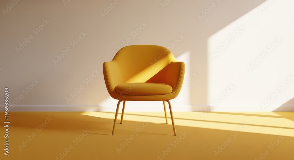 Obraz premium A bright yellow chair sitting in a room with sunlight streaming through a window