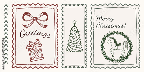 Vintage christmas postage stamps with festive illustrations and greetings