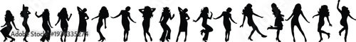 ack silhouette set of slim women dancing in various energetic poses with long hair and fashionable outfits isolated on a white background vector