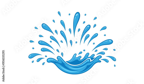 A blue water splash on a pure with droplets flying outwards in all directions dynamically