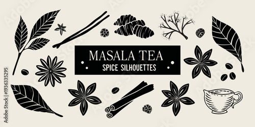 Masala tea illustration featuring spices leaves and a small cup