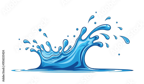 A blue water splash with droplets flying everywhere in a dynamic motion