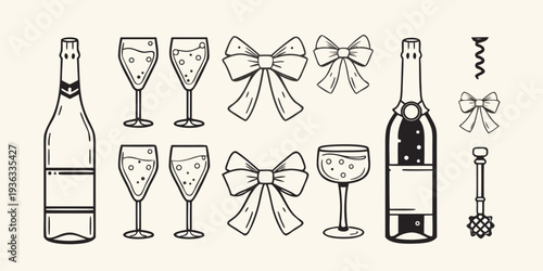 Celebratory doodles featuring champagne wine glasses bows and bar tools