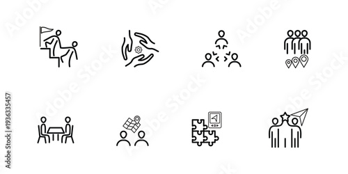 Teamwork and business line icon set. Vector pictograms of partnership, management, connection, leadership, support, handshake and communication, thin outline illustration.