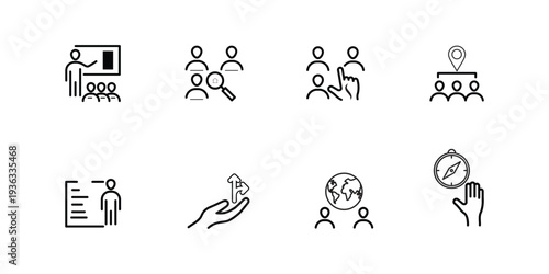 Teamwork and business line icon set. Vector pictograms of partnership, management, connection, leadership, support, handshake and communication, thin outline illustration.