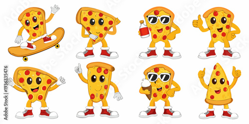Cartoon pizza slices with faces and limbs displaying various actions