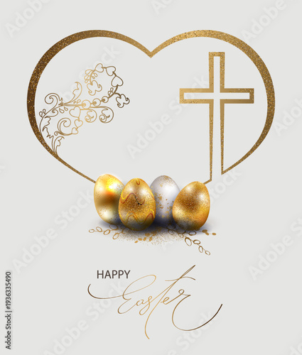 Happy Easter. Isolated design element with a heart silhouette and golden Easter eggs.