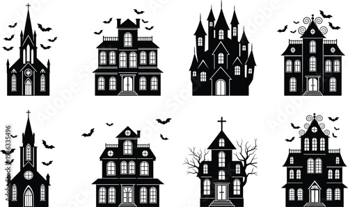 Haunted house silhouette collection with bats and gothic architecture, spooky Halloween castle and mansion icons isolated on white background vector set