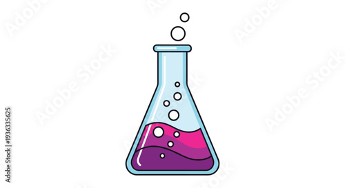 Simple vector illustration of a conical laboratory flask with vibrant purple liquid bubbling inside