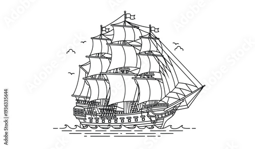A detailed line drawing of a large sailing ship with multiple masts and sails on the water