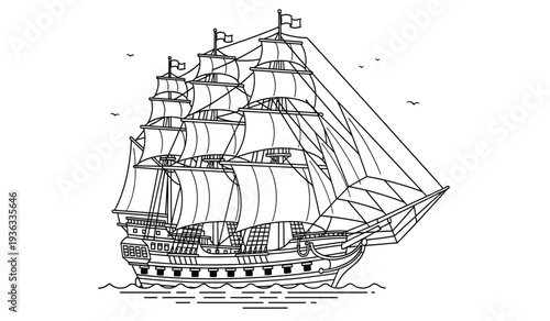 A detailed line drawing of a large sailing ship with multiple masts and sails on the water