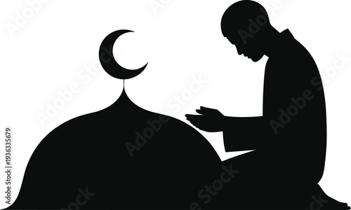 Muslim man silhouette, kneeling prayer devotion, mosque dome crescent, Islamic spiritual artwork, Ramadan fasting tradition, Eid religious cultural illustration