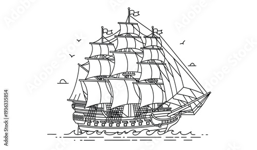 Vintage sailing ship with multiple sails on the ocean
