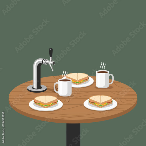 Cafe table with sandwiches, coffee, and beer tap, casual dining, quick lunch, break time
