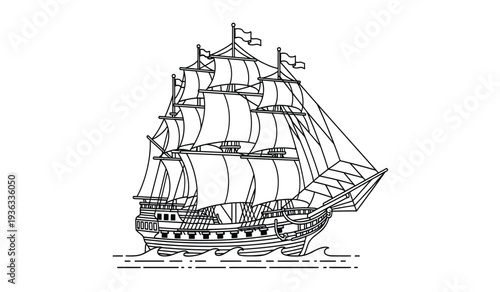 A detailed line drawing of a large sailing ship with multiple masts and sails on the water