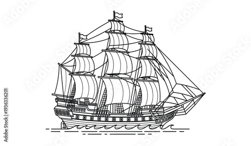 A detailed line drawing of a large sailing ship with multiple masts and billowing sails on the water