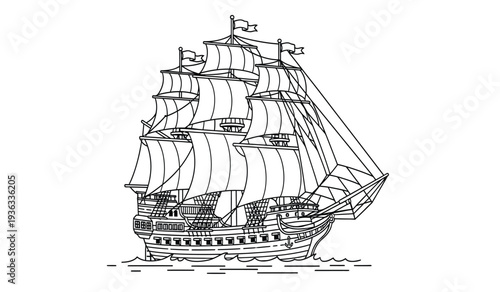 Vintage sailing ship with multiple masts and billowing sails on calm waters