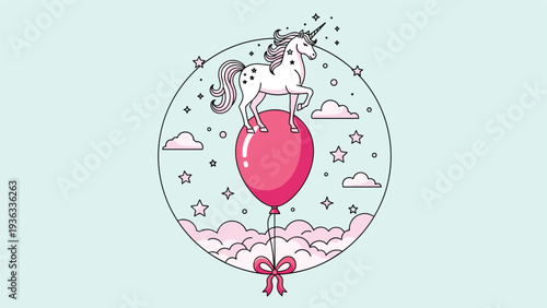 Charming line art illustration of a magical white unicorn with stars in its mane balancing on a big pink balloon in a circular frame.