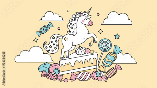 Adorable cartoon illustration of a happy unicorn leaping over a slice of cake surrounded by colorful candies, lollipops, and clouds.