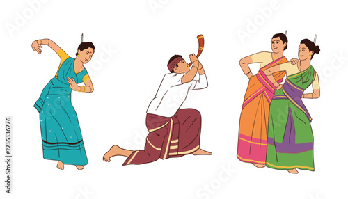 A traditional Indian dance illustration with colorful dancers in various poses