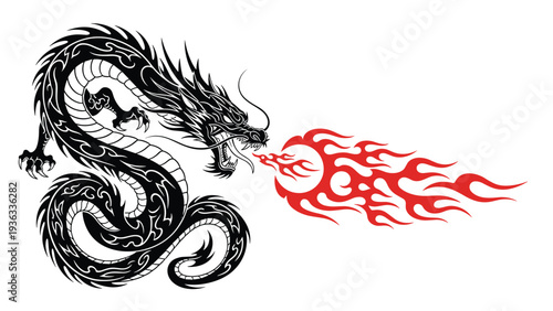 Dynamic tribal-style illustration of a fierce black chinese dragon breathing a stylized red and orange ball of fire on a white background.