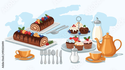Cozy afternoon tea party illustration featuring two chocolate roll cakes, a tiered stand of cupcakes, and a full tea set with a teapot.