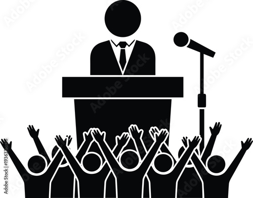 Public speaking silhouette vector illustration, podium leader artwork, motivational speech design, political rally graphic, black and white audience cheering image