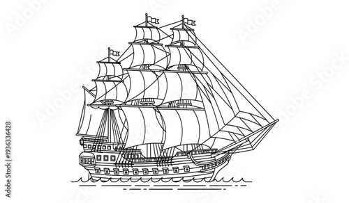 A detailed line drawing of a large sailing ship with multiple masts and sails on the water