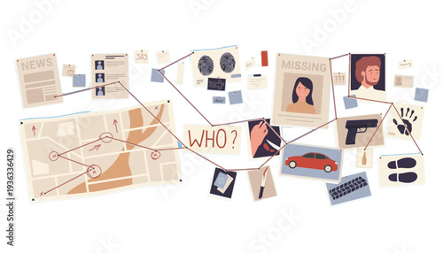 A detective investigates a crime scene with a map and clues