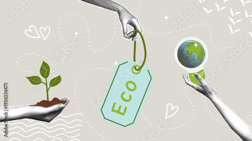 Eco-friendly products, environmental responsibility, and green business. Trendy halftone collage. Vector illustration. Creative illustration of an eco-friendly concept depicting a green eco-label and 