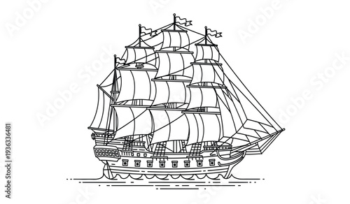 Vintage sailing ship with multiple masts and sails on calm waters