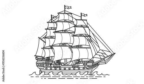Vintage sailing ship with multiple masts and billowing sails