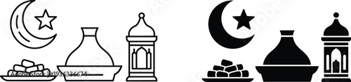 Ramadan cultural icons silhouette illustration, crescent moon star design, dates lantern cooking pot artwork, Islamic tradition motif, religious vector composition