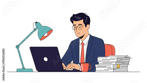 Vector illustration of a smiling businessman in a suit and tie working diligently on his laptop at a desk with a lamp and papers.