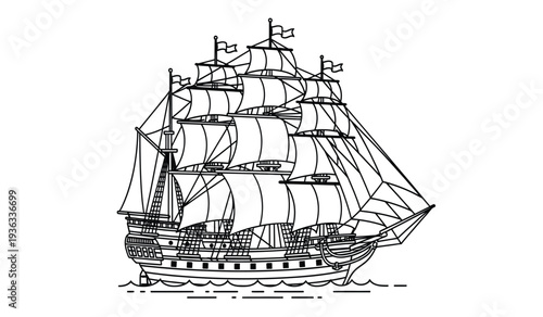A detailed line drawing of a large sailing ship with multiple masts and billowing sails on the water