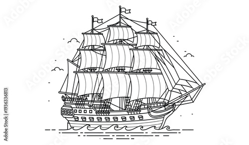 A detailed line drawing of a large sailing ship with multiple masts and sails on the water