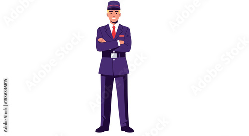 Confident bellhop employee wearing a formal uniform and hat standing with arms crossed