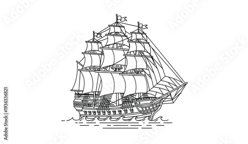 A detailed line drawing of a large sailing ship with multiple masts and sails on calm waters