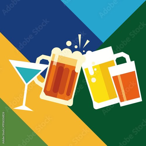 Cheers! Martini, Beer Mugs, and Ale Glasses Toasting with Colorful Abstract Background