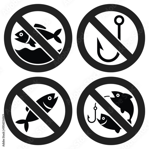 Four different types of fishing equipment that are prohibited in a specific area isolated on white background, Vector, illustration