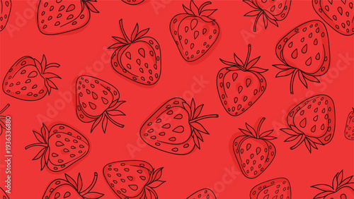 Seamless pattern of hand-drawn strawberries with a sketchy outline style scattered across a vibrant solid red background.