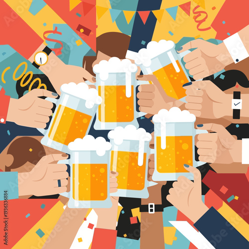 Cheers! Friends clinking beer mugs in celebration, party atmosphere with confetti
